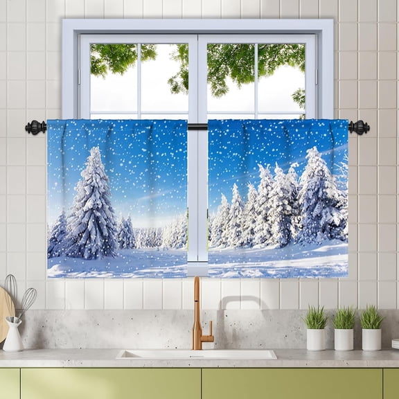 26 x 24 Inch Snowy Forest Kitchen Curtains Cedar Cold Freezing Rural Nature Landscape Dining Bathroom Window Tiers Outdoors Woodland Winter Holiday Christmas Eve Window Decor Drapes 2 Panels