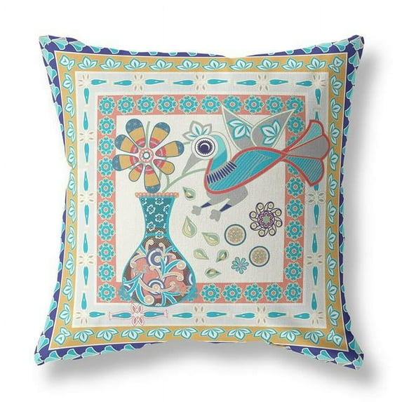 26 x 26 in. Blue & Beige Peacock Blown Seam Floral Indoor & Outdoor Throw Pillows