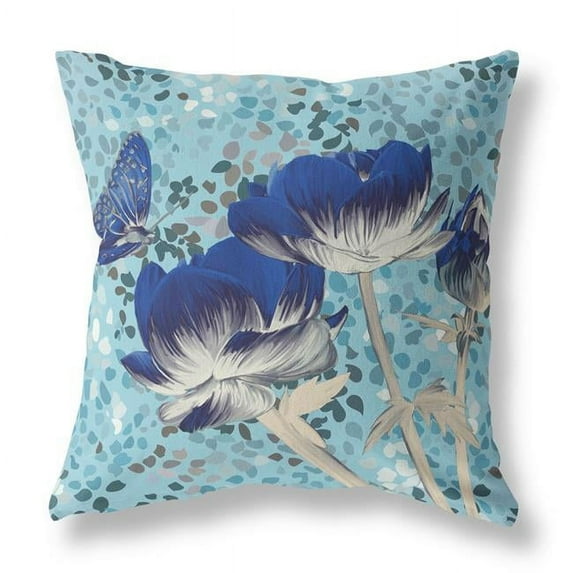 26 x 26 in. Blue Butterfly Blown Seam Floral Indoor & Outdoor Throw Pillow
