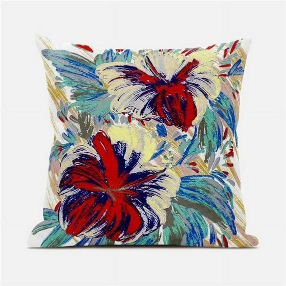 26 x 26 in. Hawaii Floral Duo Broadcloth Indoor & Outdoor Blown & Closed Pillow - White, Blue & Red