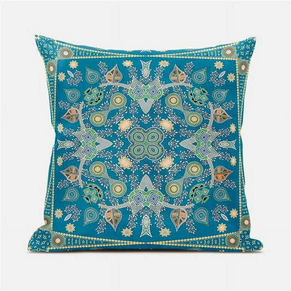 26 x 26 in. Paisley Leaf Geo Duo Broadcloth Indoor & Outdoor Zippered Pillow - Aqua & Gold