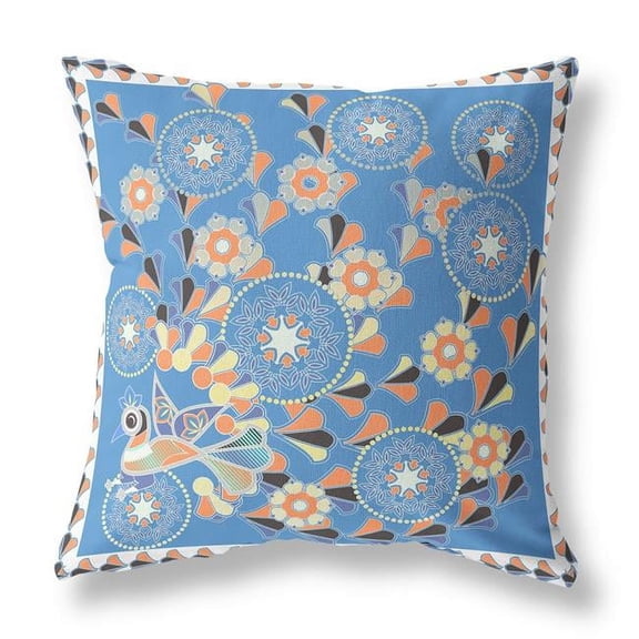 26 x 26 in. Peacock Blown Seam Floral Indoor Outdoor Throw Pillow, Blue & Orange