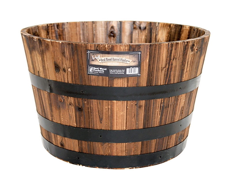 26” x 26” x 17” Rustic Burnt Wood Barrel Plant Pot