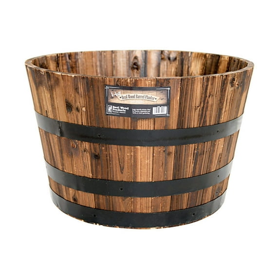 26” x 26” x 17” Rustic Burnt Wood Barrel Plant Pot