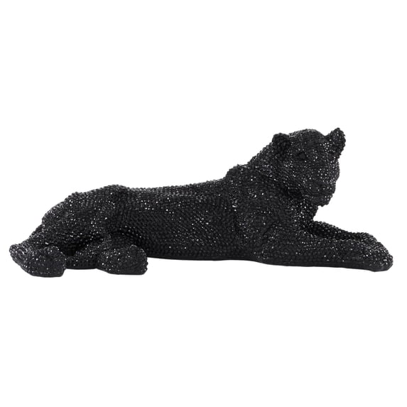 26" x 9" Black Polystone Laying Leopard Sculpture with Faceted Rhinestone Exterior, by DecMode