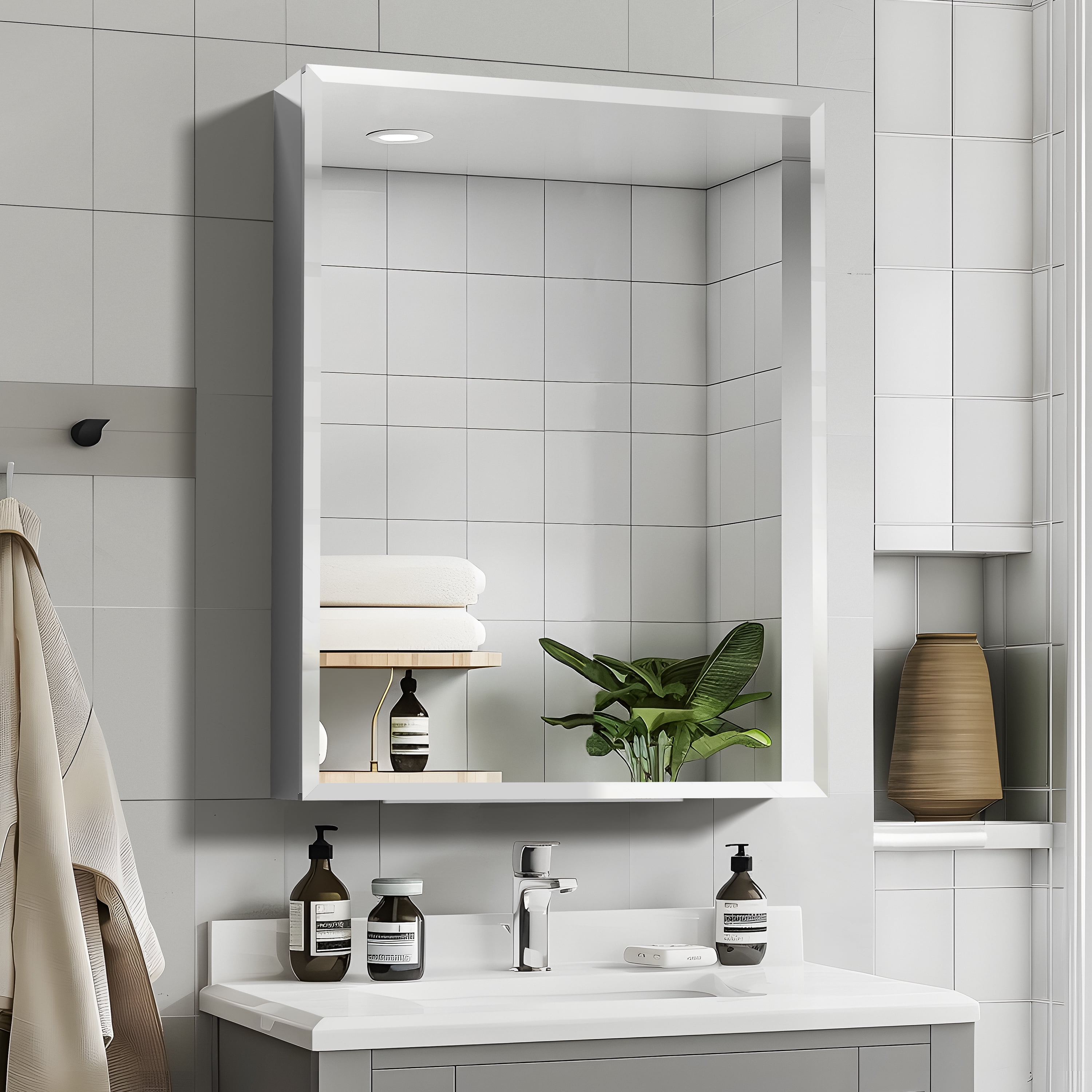 26"x20" Rectangular Recessed or Surface Mount Medicine Cabinet with Mirror,Sliver
