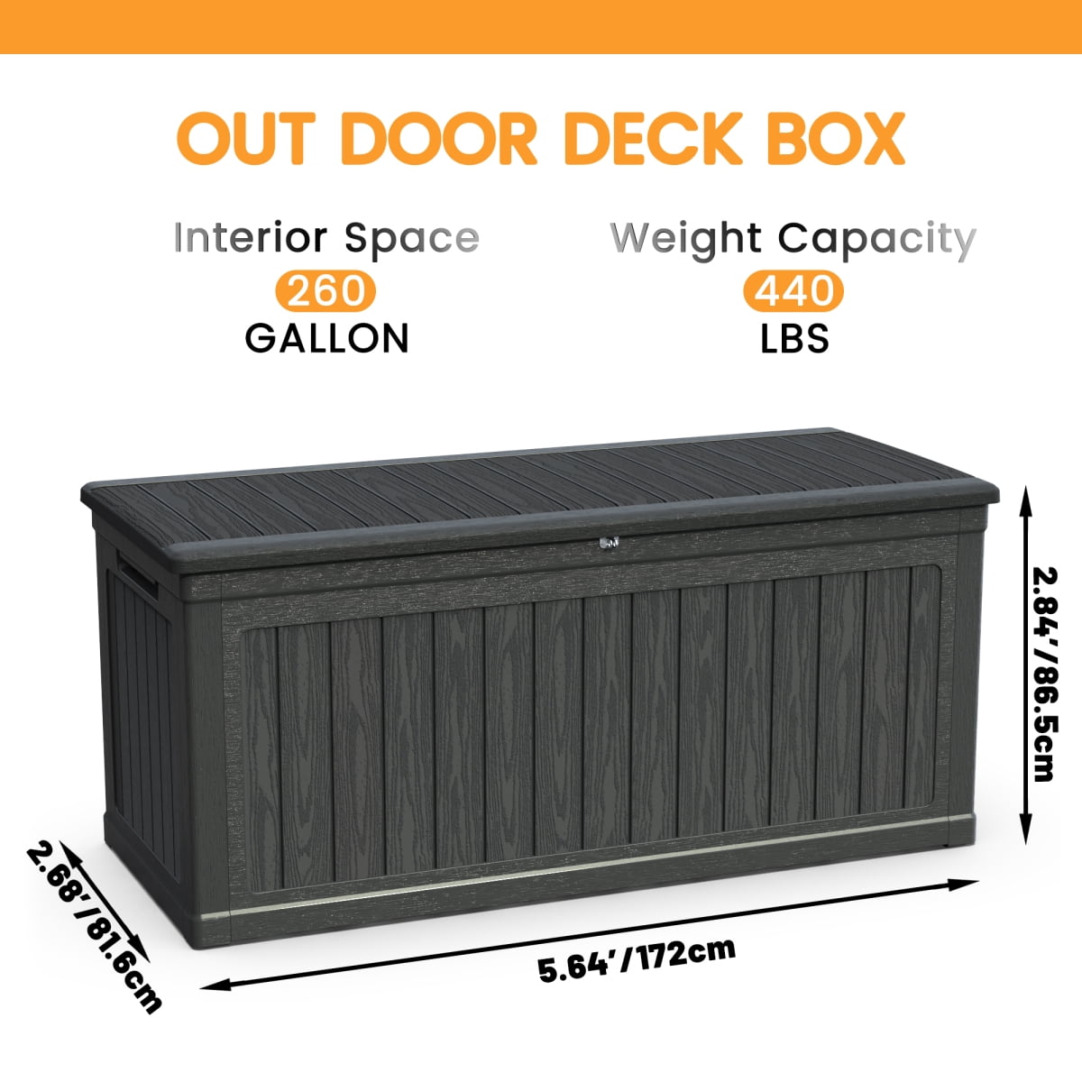 260 Gallon Large Outdoor Storage XXL Deck Box Waterproof Resin Lockable Black for Patio Furniture Cushions Garden Tools Pool Equipment