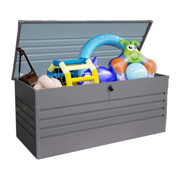 260 Gallon Metal Outdoor Deck Box Waterproof, Extra Large Patio Storage Box with Lockable Storage Containers for Patio Furniture Cushions, Pool Accessories, Garden Tools Light Gray