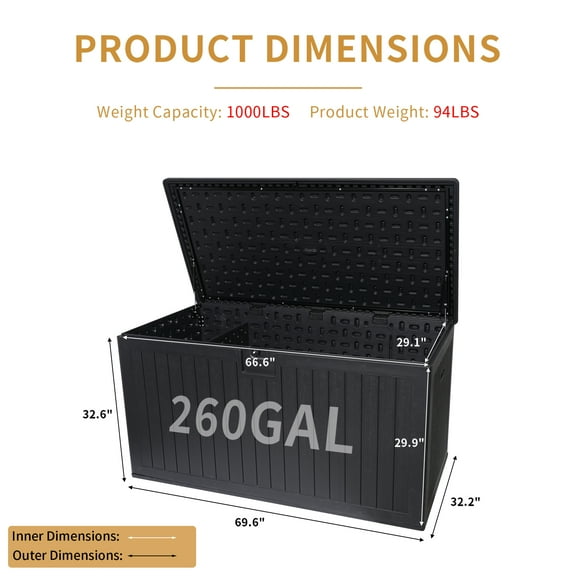 260 Gallon Extra Large Resin Deck Box for Patio & Pool - Waterproof, Lockable Outdoor Storage for Furniture Cushions, Garden Tools & Pool Accessories