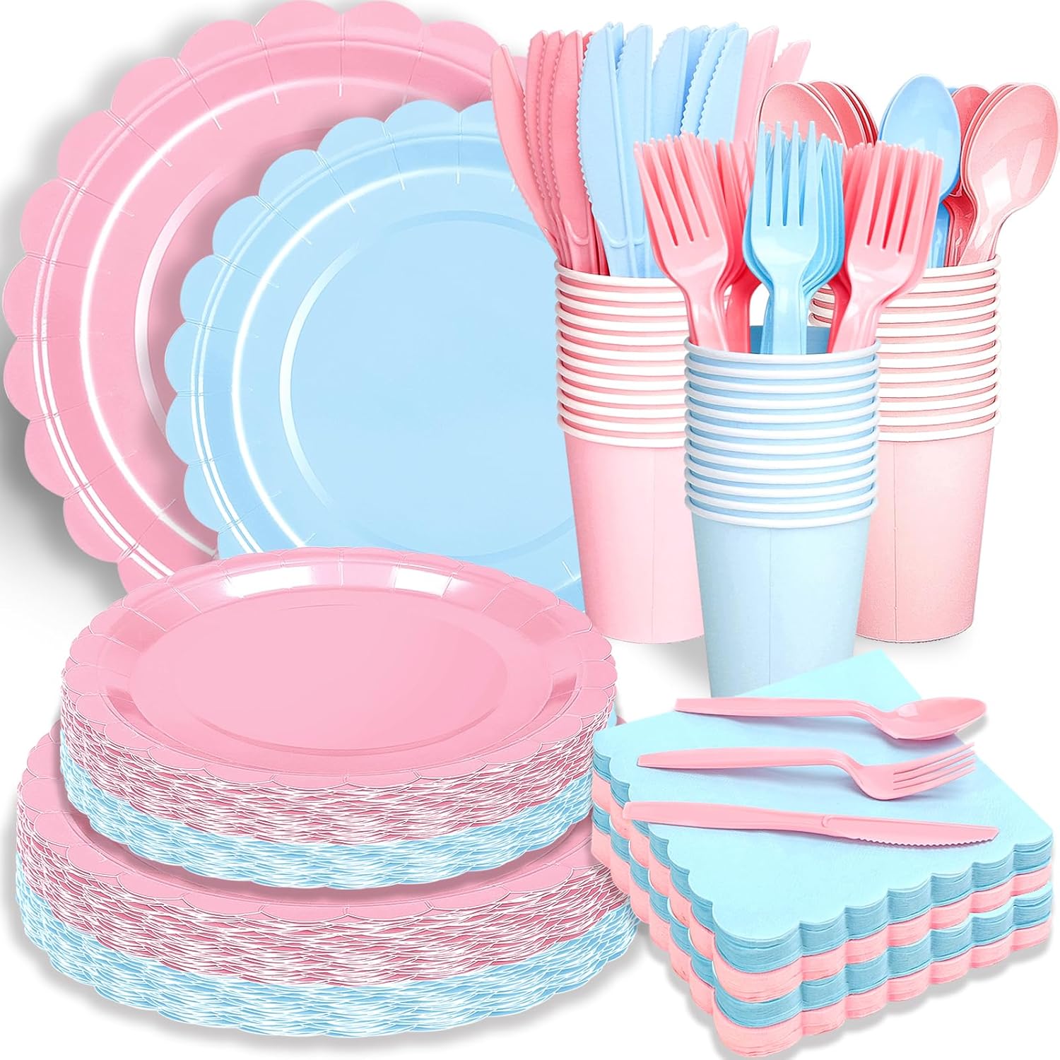 260 Pcs Blue And Pink Party Supplies - For 52 Guests Paper Plates And ...