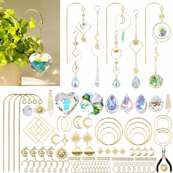 260 Pcs DIY Crystal Sun Catcher Kit, Faceted Glass Beads Hanging Ornament for Window Garden Decor, Rainbow Light Refraction Craft Set with Pliers for Home Patio Wedding Party Decoration