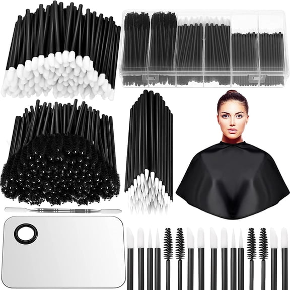 260 Pieces Disposable Makeup Tools Kit, Eyeliner Brushes Mascara Wands Lipstick Applicators Plastic Organizer Box Short Waterproof Cape Stainless Steel Makeup Palette, Spatula(Black)