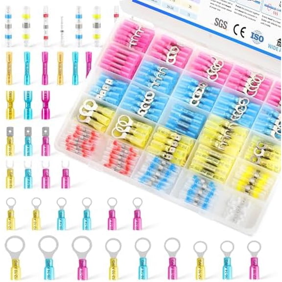 260 count Heat Shrink Wire Connectors Kit, 2-in-1 Electrical Wire Terminal Set, Solder Seal Connectors, Insulated Spade Splice Ring Fork Terminal for Marine and DIY