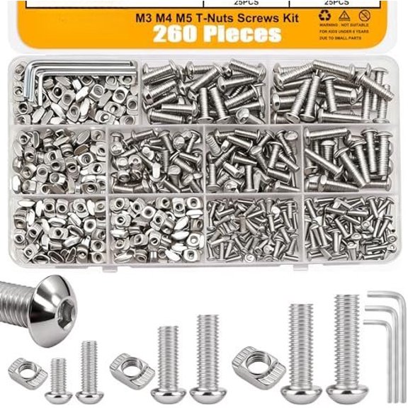 260 count M3 M4 M5 T-Nuts Screws Assortment Kit,Nut and Bolt Assortment Sets for M-LOK System and 2020 Series Standard
