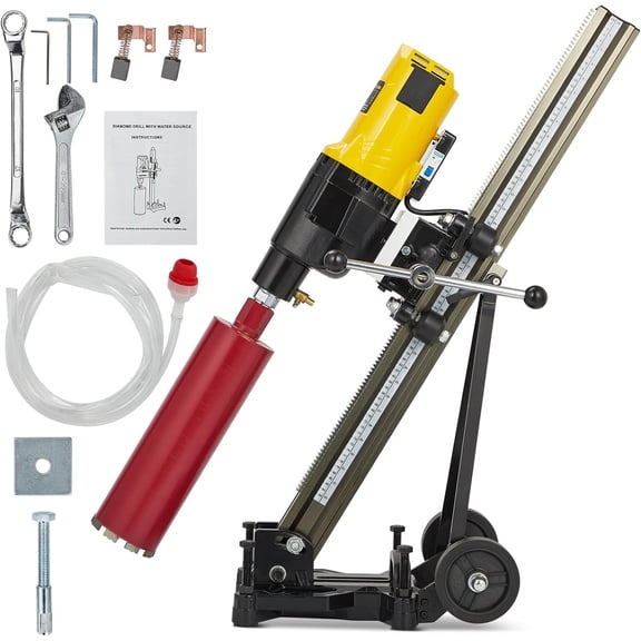 2600W Diamond Core Drilling Machine - Wet and Dry Drilling Rig with Rolling Base Stand 4.25in Drill Bit 750 RPM Max 12in Drilling Diameter 1-1/4in-7 UNC Arbor for Concrete and Brick