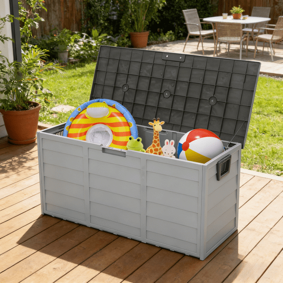 260L Outdoor Storage Box with Wheels, 75 Gallon Lockable Deck Box Weatherproof Patio Furniture Storage Container for Cushions, Garden Tools, Toys, Pool & BBQ Accessories, Wood Look Design, Grey