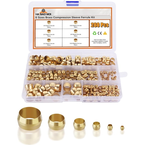260PCS Compression sleeve ferrule kit - 6 Sizes (1/4", 3/8", 5/16", 1/2", 3/16", 1/8") of Brass Compression Sleeve Ferrule, Connect Lines for Air,Water,Fuel,Oil and Inert Gases