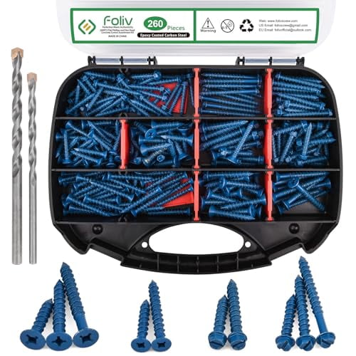 260PCS Concrete Screws with Drill Bit, 1/4 3/16 Concrete Screws Assortment Kit, Flat & Hex Head Masonry Block Brick Cement Screws and Anchors, Diamond Point, Length from 1-1/4 to 2-1/4$$Hardware