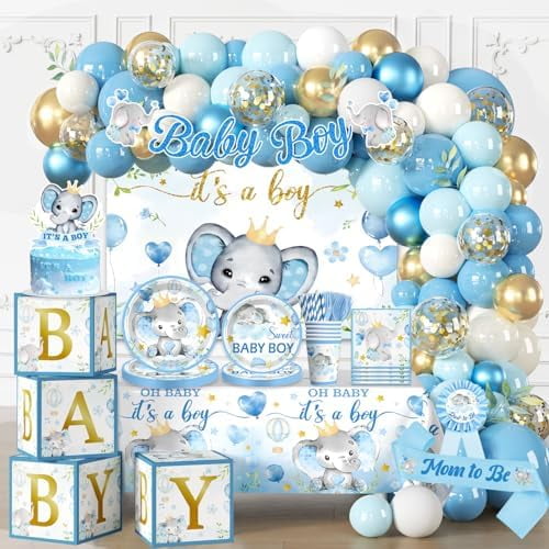260PCS Elephant Baby Shower Decorations, All-in-1 Party Pack, Includes 20 Elephant Theme Tableware, Backdrop Tablecloth Balloon Kit for Baby Shower Decorations Boy$$Home Decor, Kitchen, & Other