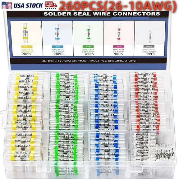 260PCS Heat Shrink Solder Butt Wire Seal Sleeve Splice Connectors Waterproof