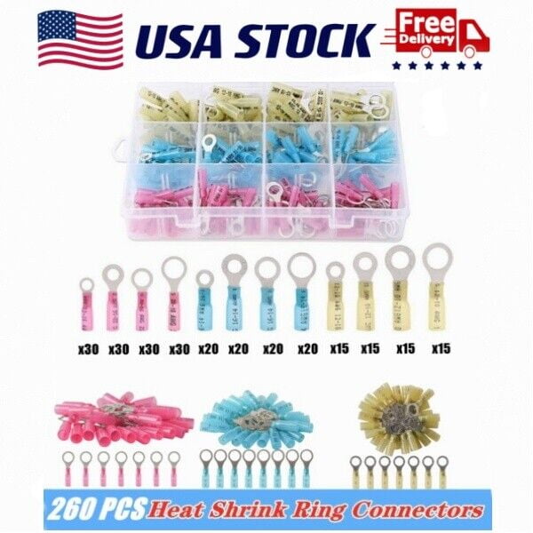 260PCS Insulated Crimp Ring Terminals Heat Shrink Wire Connectors 22-10AWG