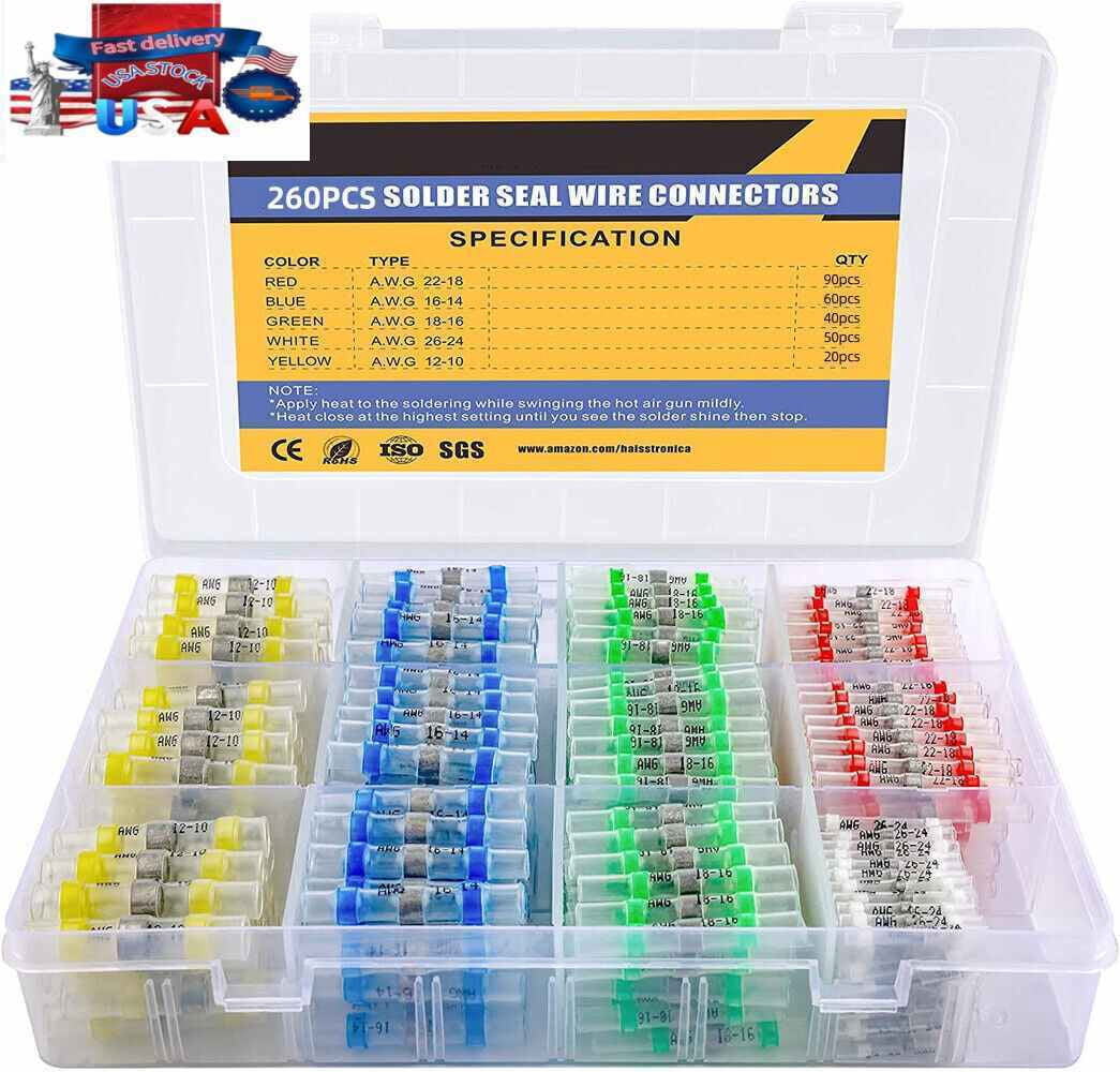 260PCS Waterproof Heat Shrink Solder Seal Sleeve Butt Terminals Wire Connectors
