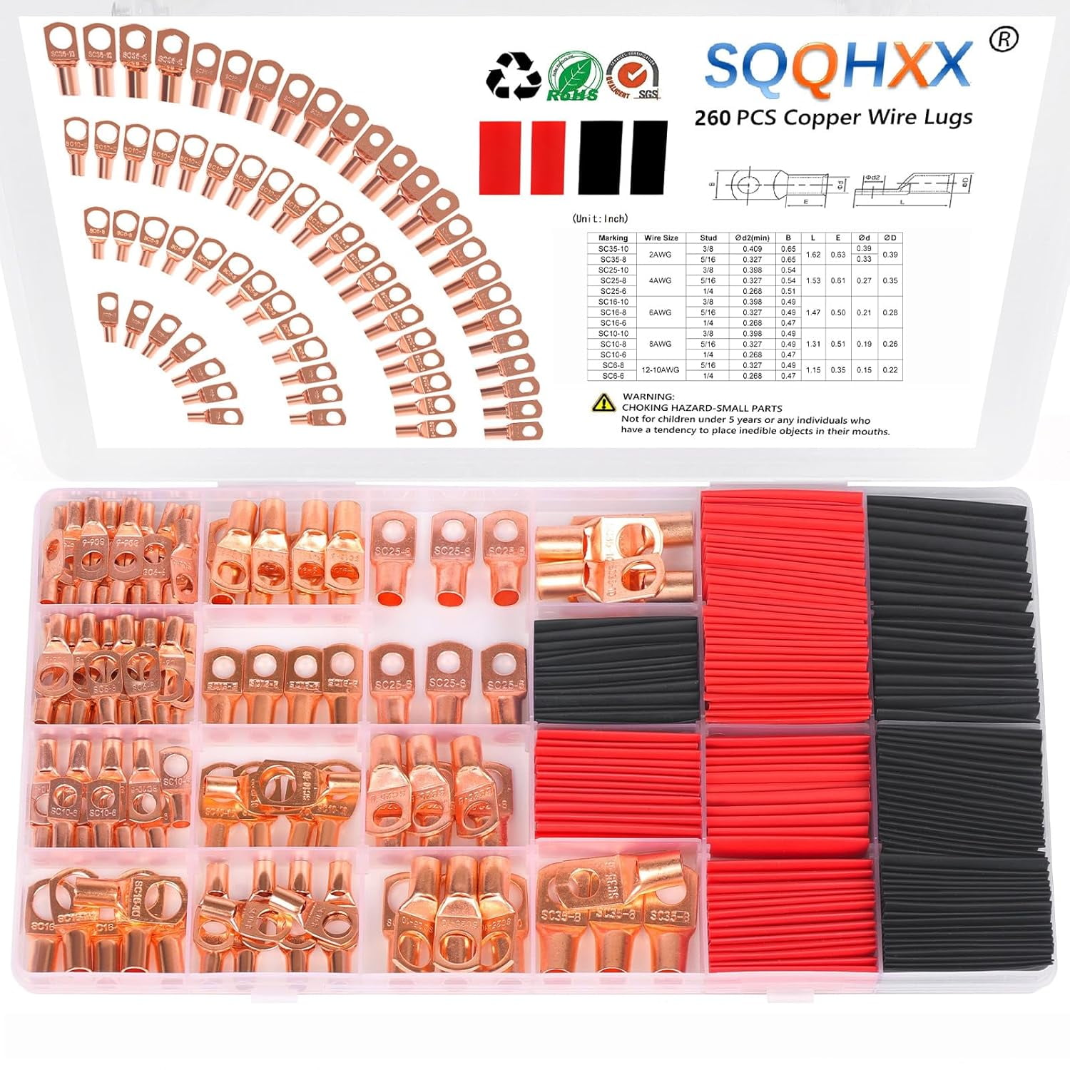 260Pcs Copper Wire Lugs, Battery Cable E A 2 4 6 8 10 12 Gauge Wire ...