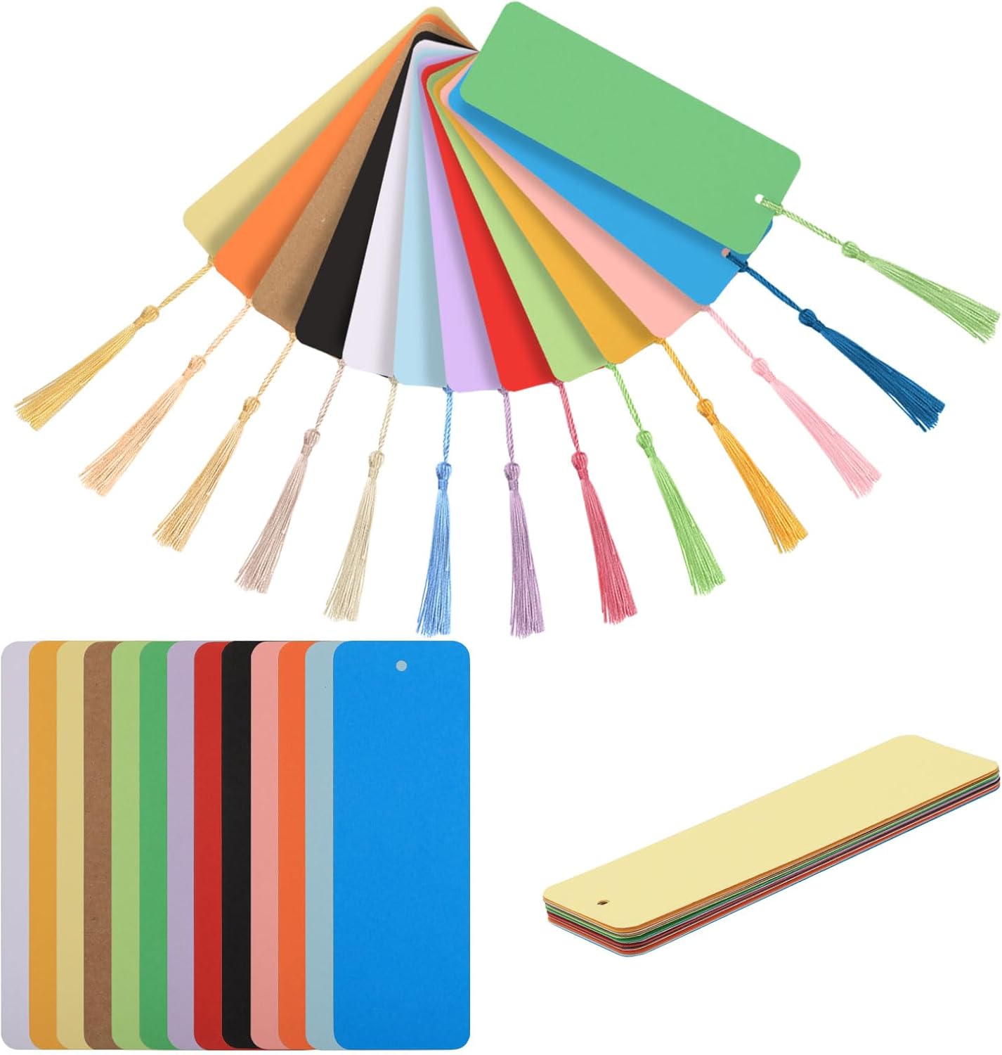 260Pcs DIY Blank Bookmark Making Kit 130Pcs Mixed Color Rectangle Blank Bookmarks 130Pcs Mixed Color Polyester Tassel Decorations with Punching Hole for Gifts Tags Crafts for DIY