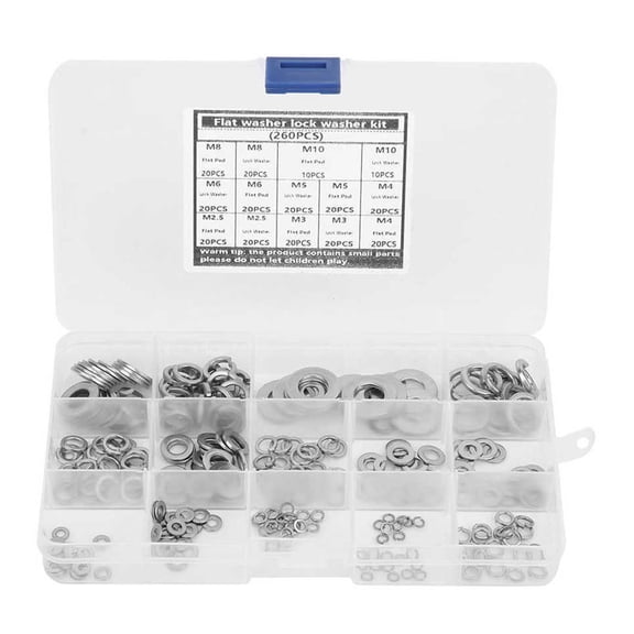 260Pcs M2.5/M3/M4/M5/M6/M8/M10 Stainless Steel Flat Washer Spring Washer Anti-Rust Assortment Kit