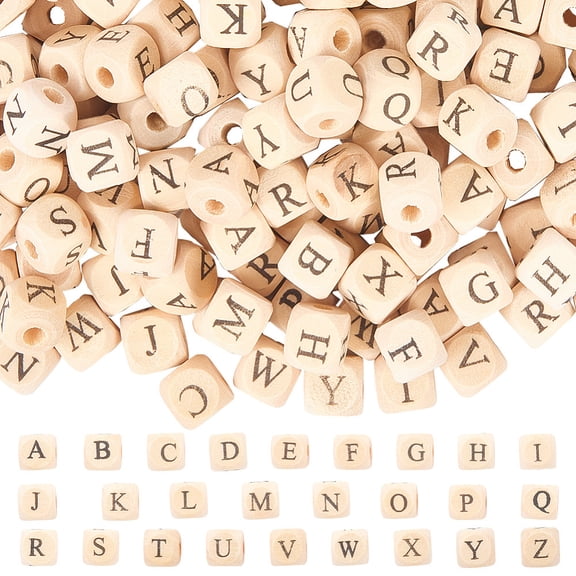 260Pcs Printed Natural Wood Beads Horizontal Hole Cube with Initial Letter PapayaWhip Letter 10x10x10mm Hole: 3.5mm 260pcs/set