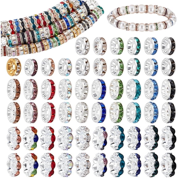 260Pcs Rondelle Spacer Beads with Circle Rhinestones 3Style 12/10/7.5mm Shiny Focal Alloy Spacers Flat Round Wave for DIYm Focal Bead Spacers for DIY Jewelry Making and Pen Decoration