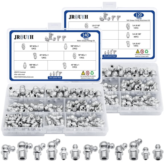 260Pcs SAE & Metric Grease Fittings Kits, Hydraulic Grease Zerks Assortment Standard with 1/4", 1/8" M6 M10 Straight, 90 Degree, 45 Degree Angled
