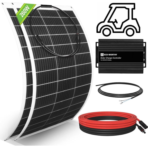 260W Flexible Solar Panel Kit for Golf Cart,1040wh/day Generation,Charge While Driving,Extend Battery Life,Go Further2pcs 130W Solar Panel,24V/36V/48V/60V/72V MPPT Boost Charge Controller