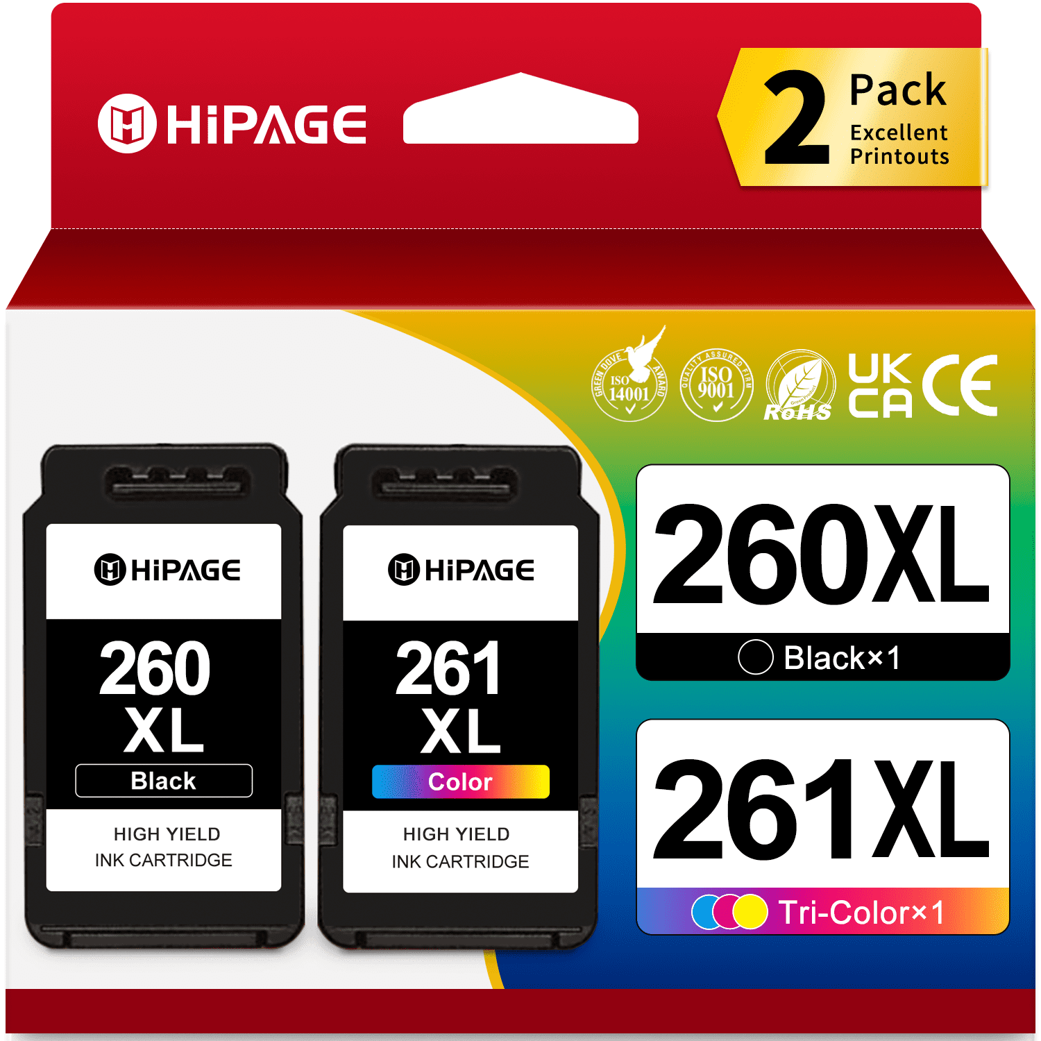 HIPAGE 260XL 261XL Ink Cartridges, Black Tri-Color, High Yield