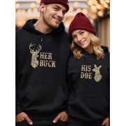 260g menS terylene plus fleece Couple Matching Hoodie-"Her Deer, His Deer" Deer Pattern| Long Sleeve, Hooded, Regular Version, Blending| Newlyweds, ValentineS Day and Christmas Gifts,