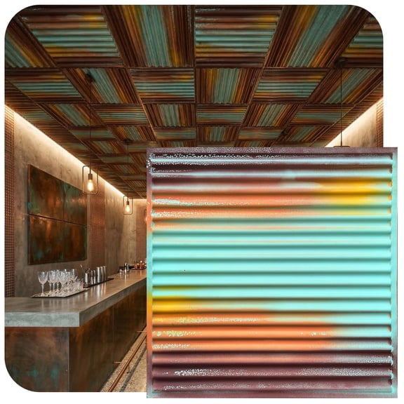 261 - Ridged Metal 2 ft. x 2 ft. PVC Lay-in Ceiling Tile in Rustic Ocean (100 Sq.ft / Pack) - 25 Pieces