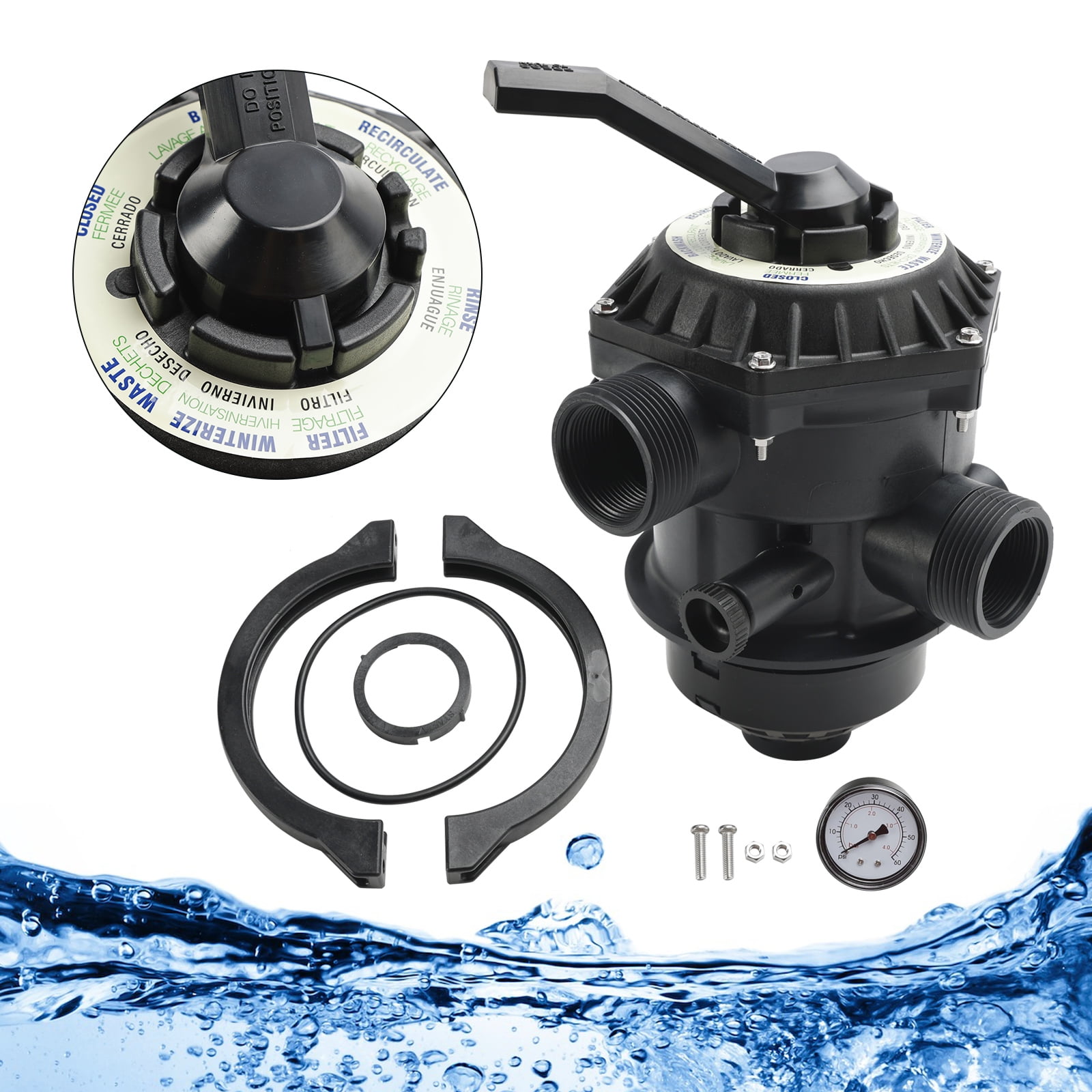 Black ABS 1-1/2 Inch 6-Way Clamp Style Pool Valve