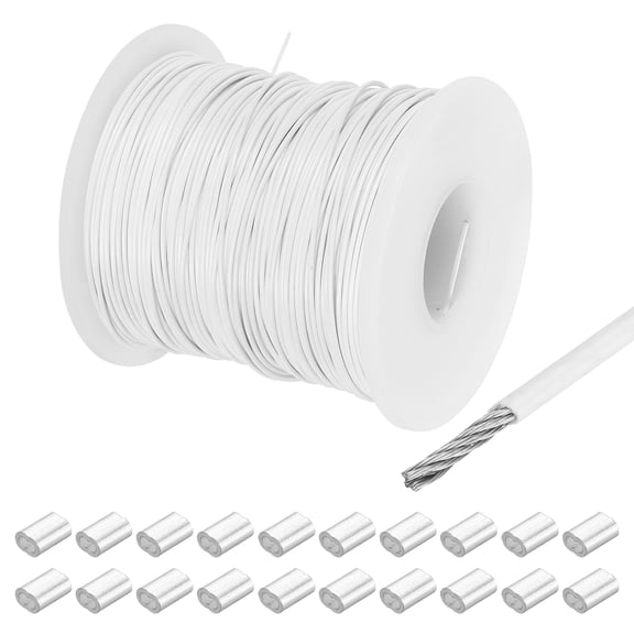 262Ft Wire Rope 304 Stainless Steel Cable 1/32" Vinyl Coated with 20pcs Aluminum Sleeves White