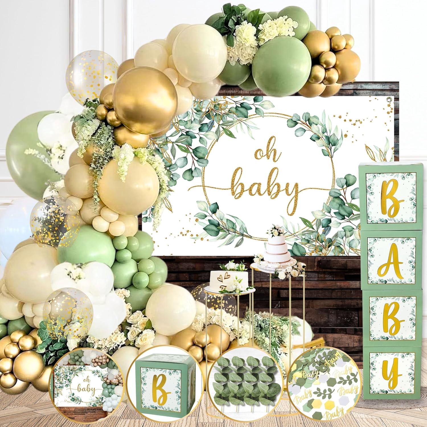 263PCS Sage Green Baby Shower Decorations Set, Gender Neutral Balloon Garland with BABY Boxes