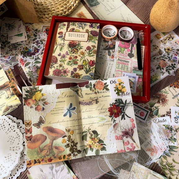 FUYGRCJ 263PCS Vintage Scrapbook Kit Floral Retro Journaling Supplies Set Aesthetic Decorative Flower Stickers DIY Scrapbook Paper Stickers Creative Art Craft Papers