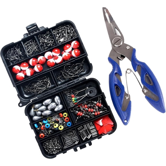 263pcs Fishing Accessories Set,Organized Fishing Tackle Box Included Plier Jig Hooks Sinker Weight Swivels Snaps Sinker Slides,Fishing Gift for Men