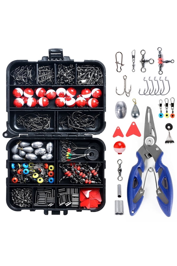 263pcs Fishing Accessories Set with Tackle Box Including Plier Jig Hooks Sinker Weight Swivels Snaps Sinker Slides