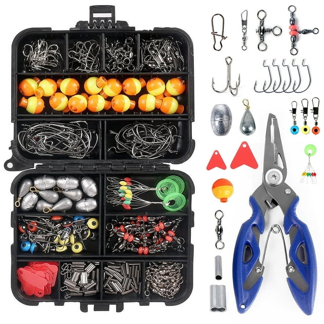 Eccomum 263pcs Fishing Accessories Set with Tackle Box Including Plier Jig Hooks Sinker Weight Swivels Snaps Sinker Slides