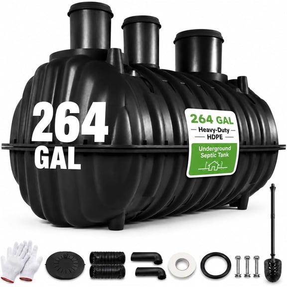 Underground Septic Tank Kit, 264 gal PE Plastic Septic Tank with Risers, Manhole Covers, Cleaning Brush and Gloves for Residential Wastewater Systems