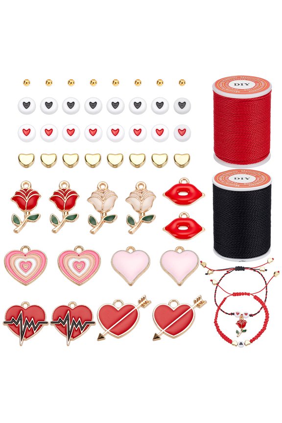 264 Pcs Valentine's Day Bracelet Making Kit Love Theme Assorted Rose & Heart & Lip Alloy Enamel Pendants Brass Round Ball Beads