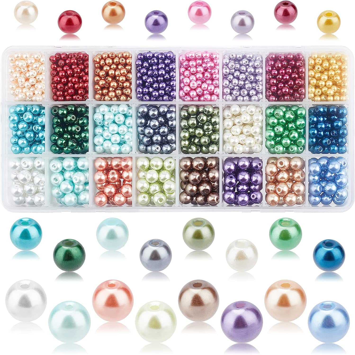 2640pcs Pearlized Glass Beads 24 Color 3 Sizes Craft Pearl Bead Dyed Round Satin Luster Faux Pearl Beads Loose Spacer Beads for Bracelet Necklace Jewelry Making( 4mm 6mm 8mm )