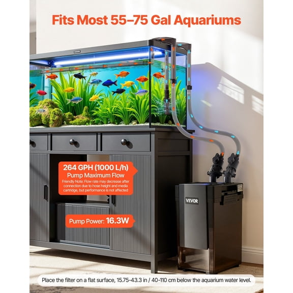 264GPH Canister Filter,2-Stage External Aquarium Filter with Powerful Pump,Quite Water Circulation Cleaning Machine with Media for Fish Tanks&Aquariums Up to 75 Gallons,for Freshwater