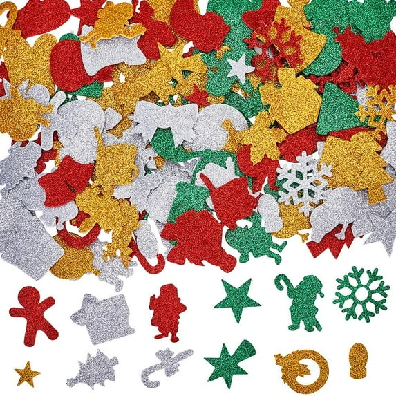 264Pcs 4 Colors Christmas Glitter Stickers Holiday Foam Sticker Bulk Gold Silver Red Green Self Adhesive Xmas Tree Santa Bell Snowflake Sticker for Art DIY Craft Party Decorations