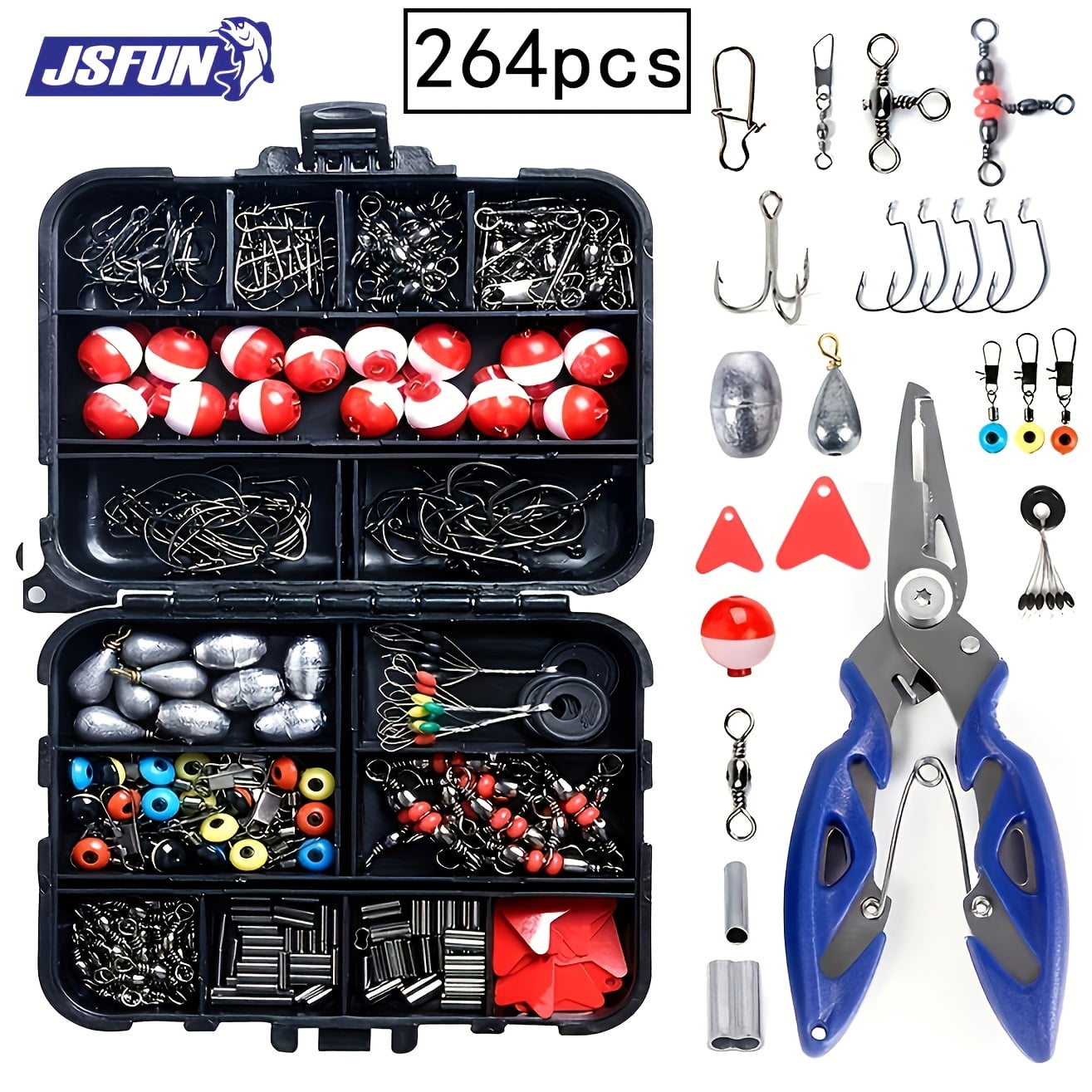 264Pcs Complete Fishing Tackle Kit with Storage Box, Fishing Pliers, Hooks, Sinkers, Swivels, Snap Swivels and Sinker Slider Accessories for Outdoor Fishing