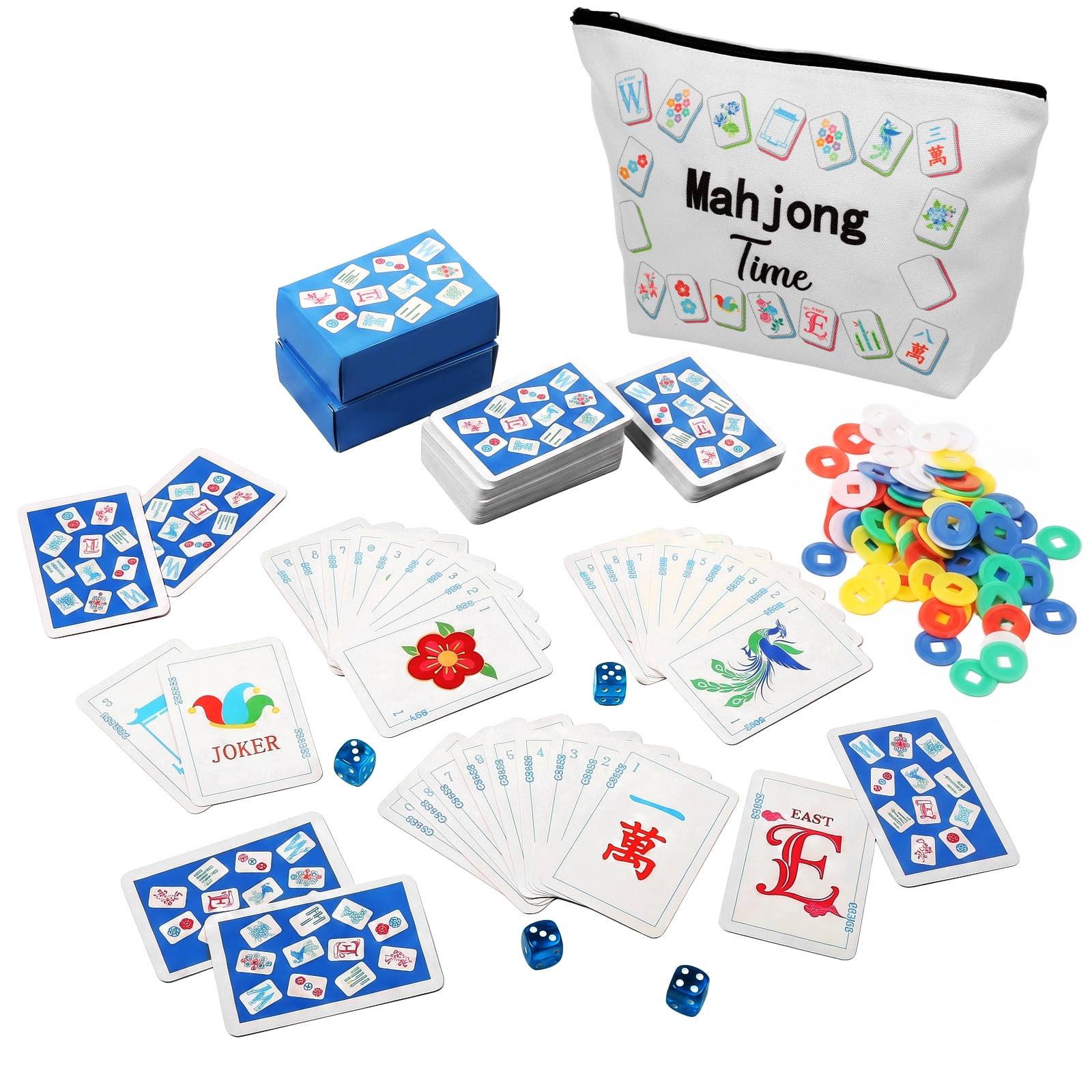 265 Pcs Mahjong Playing Cards American Style Blossom Numbered Large Print PVC Poker Mahjong Tiles with 4 Dices for Travel Home, Portable Gift